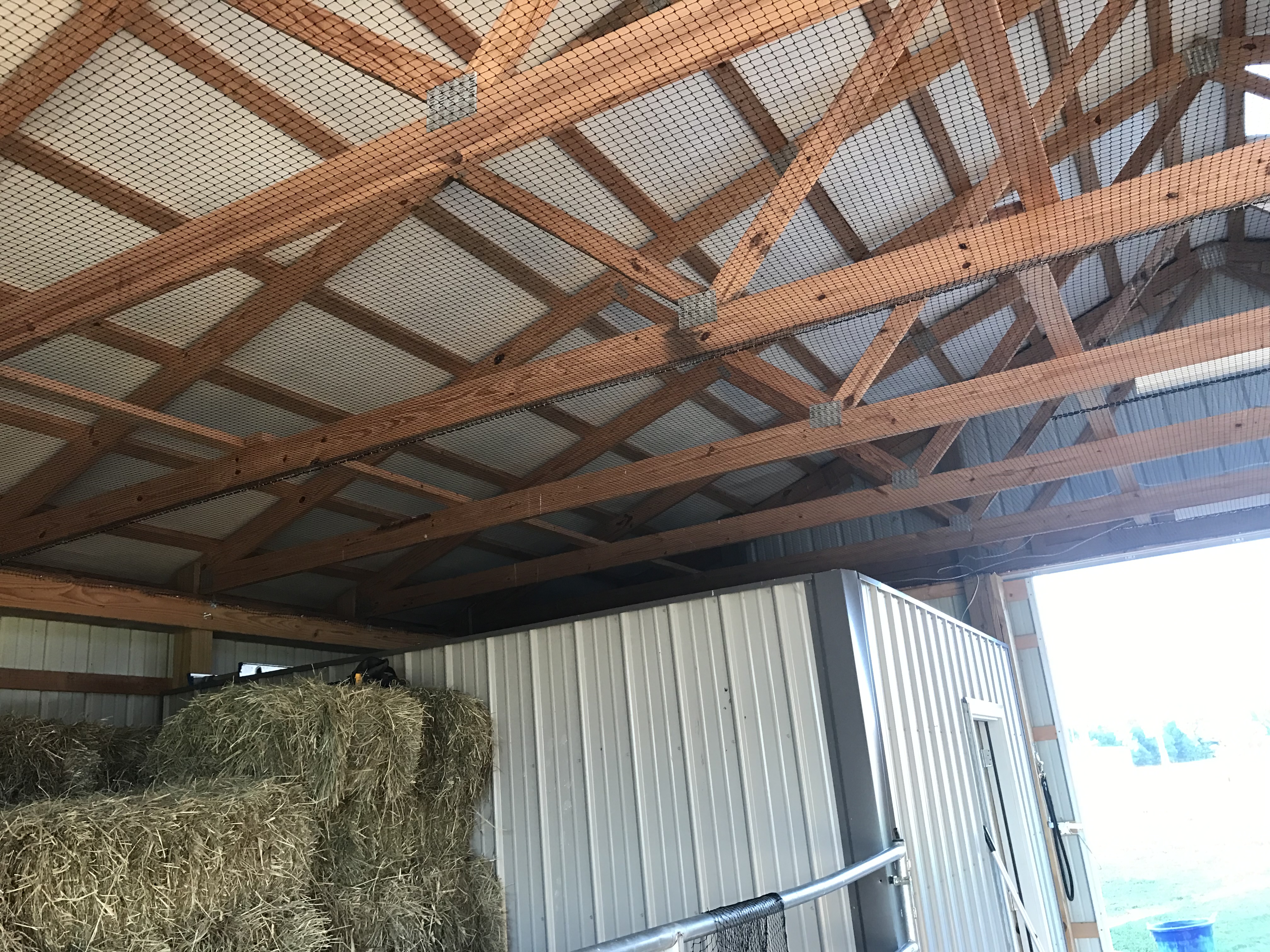 Farm barn with protective bird netting over storage areas and wooden structure